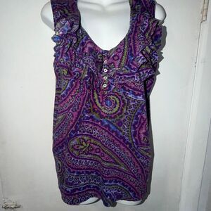 LAUREN RALPH LAUREN Purple Cotton Paisley sprint Ruffle Collar Sleeveless Blouse